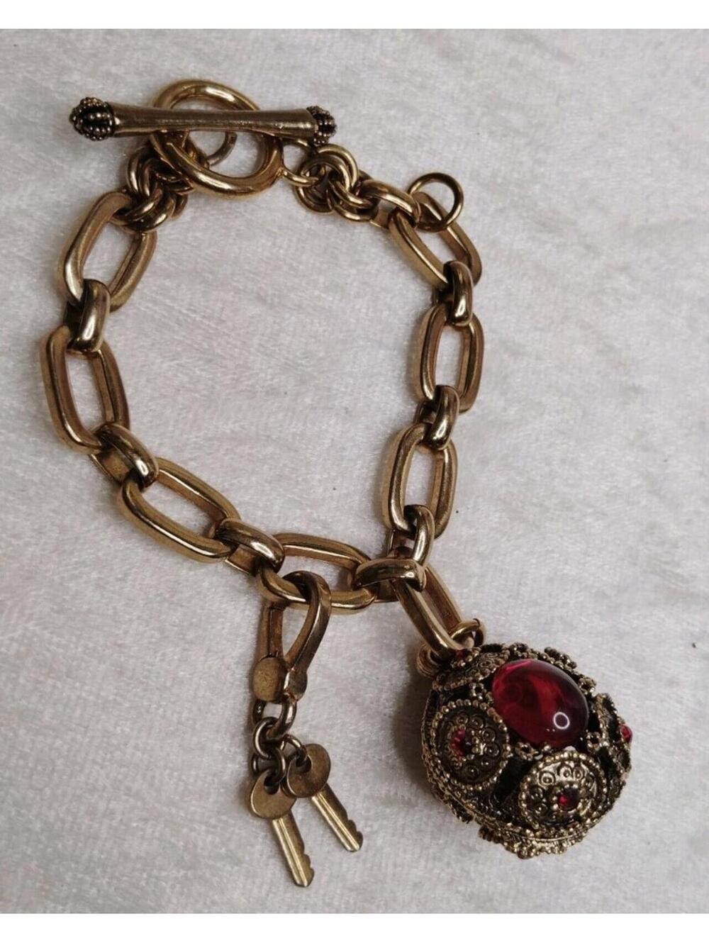 Juicy Couture Key Charm Bracelet W Vintage Etruscan Red Glass Charm